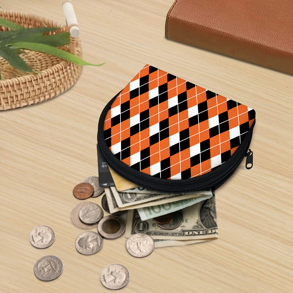 Orange White And Black Argyle Print Coin Purse