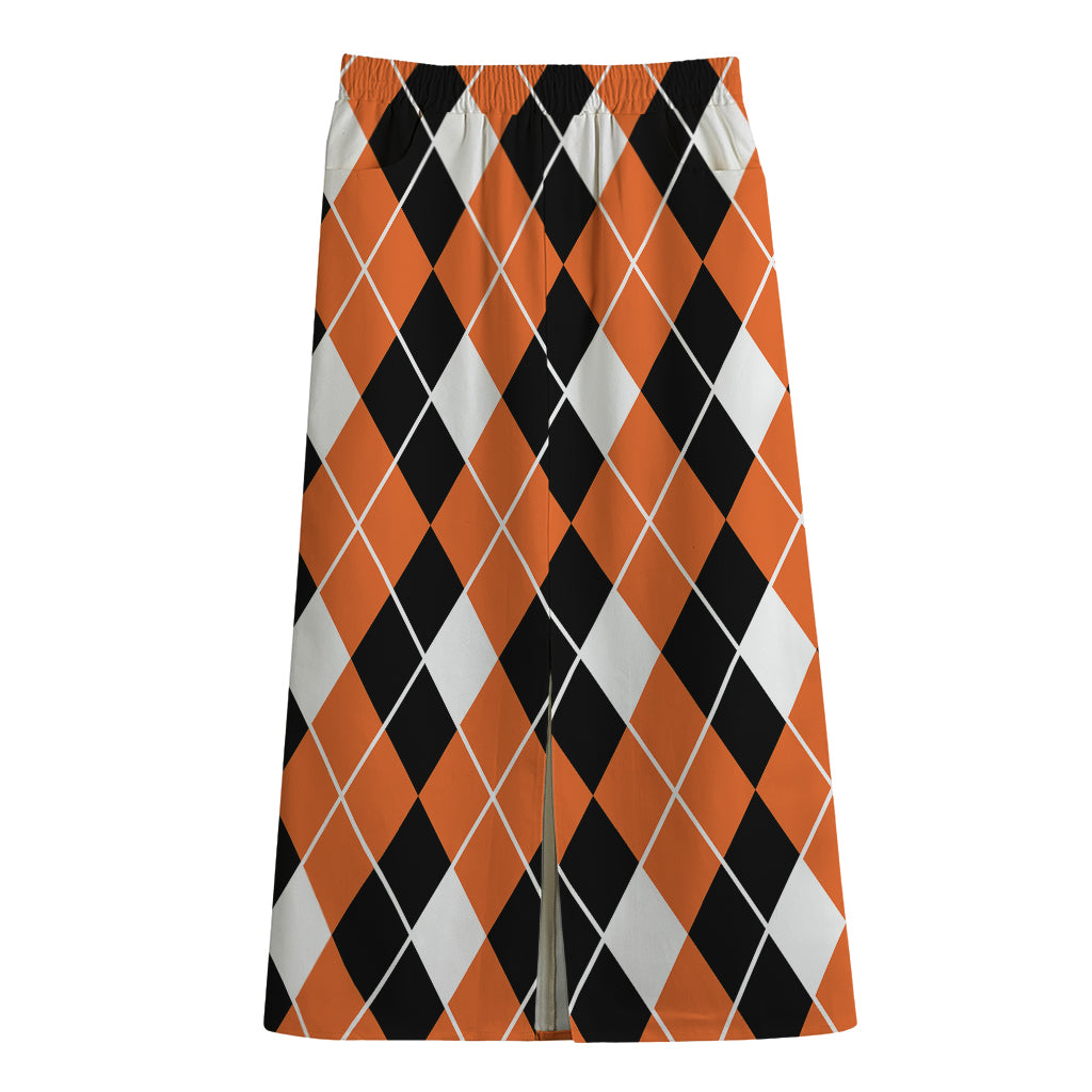 Orange White And Black Argyle Print Cotton Front Slit Maxi Skirt