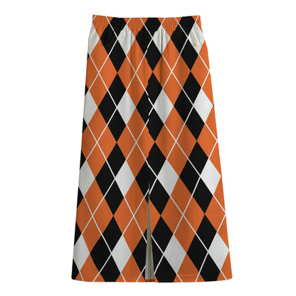 Orange White And Black Argyle Print Cotton Front Slit Maxi Skirt