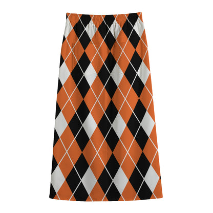 Orange White And Black Argyle Print Cotton Front Slit Maxi Skirt