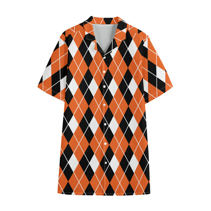 Orange White And Black Argyle Print Cotton Hawaiian Shirt