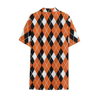 Orange White And Black Argyle Print Cotton Hawaiian Shirt