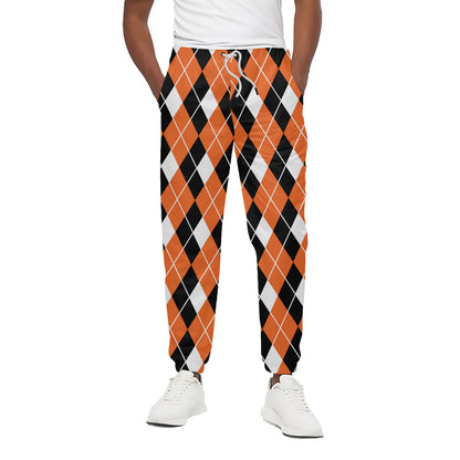 Orange White And Black Argyle Print Cotton Pants