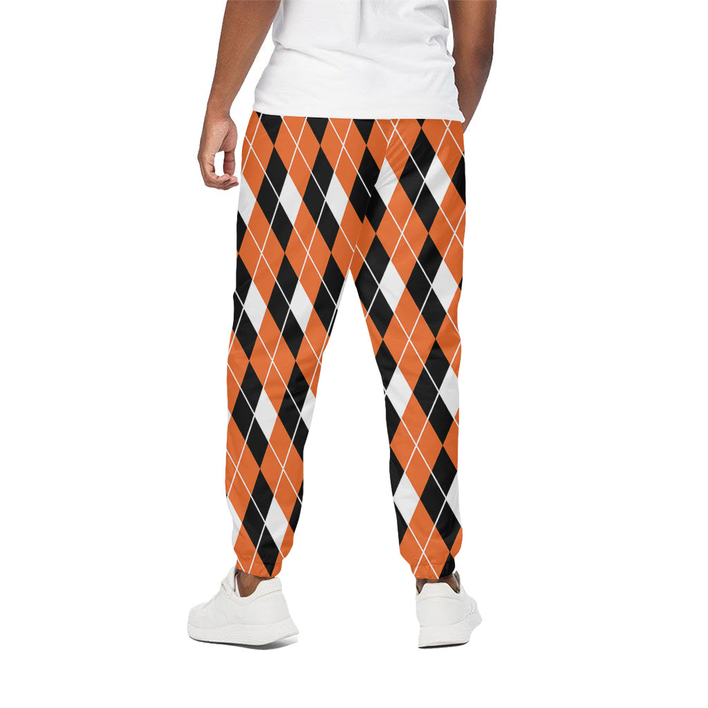 Orange White And Black Argyle Print Cotton Pants