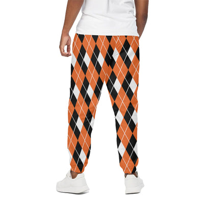 Orange White And Black Argyle Print Cotton Pants