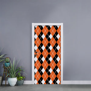 Orange White And Black Argyle Print Door Sticker