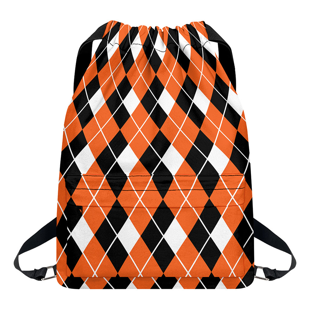 Orange White And Black Argyle Print Drawstring Backpack