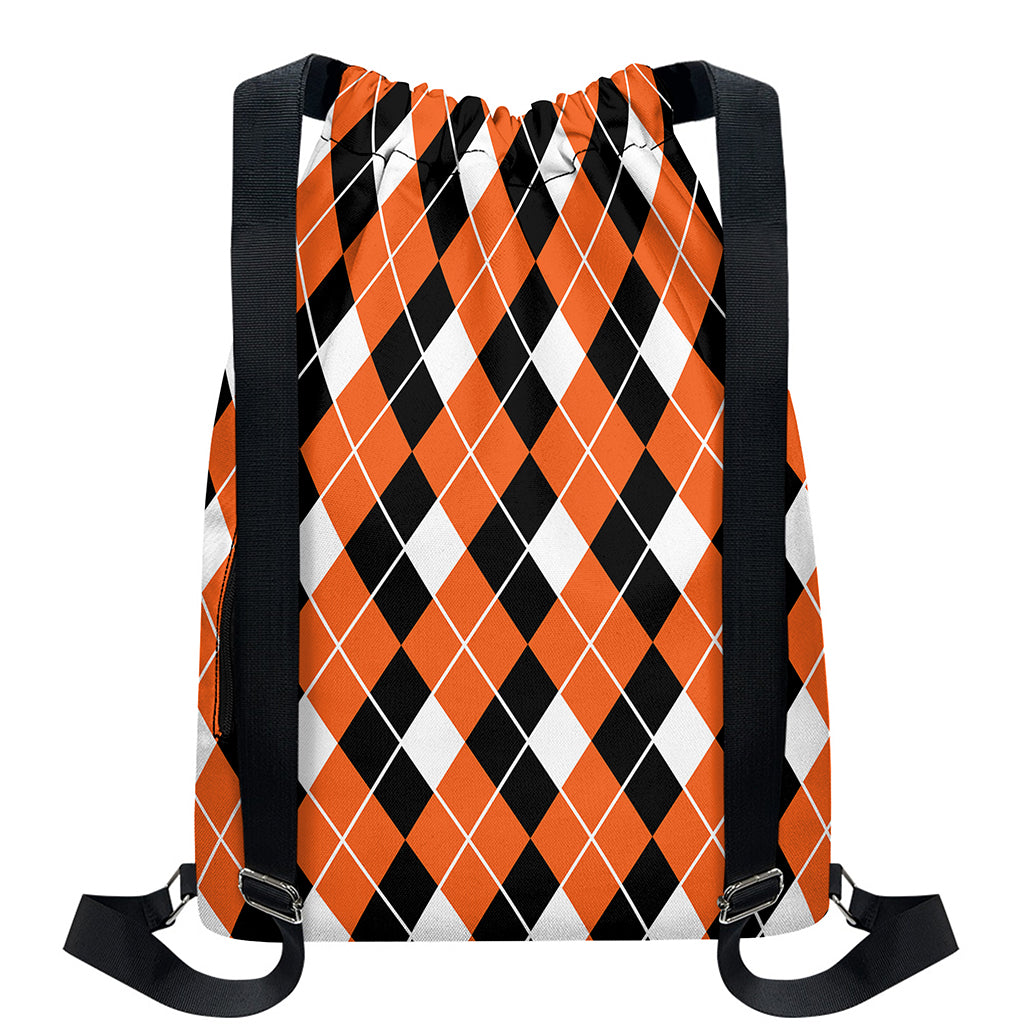 Orange White And Black Argyle Print Drawstring Backpack