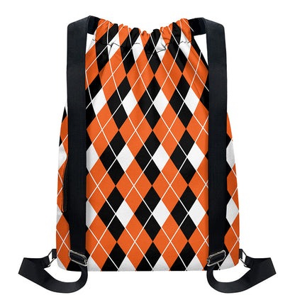 Orange White And Black Argyle Print Drawstring Backpack