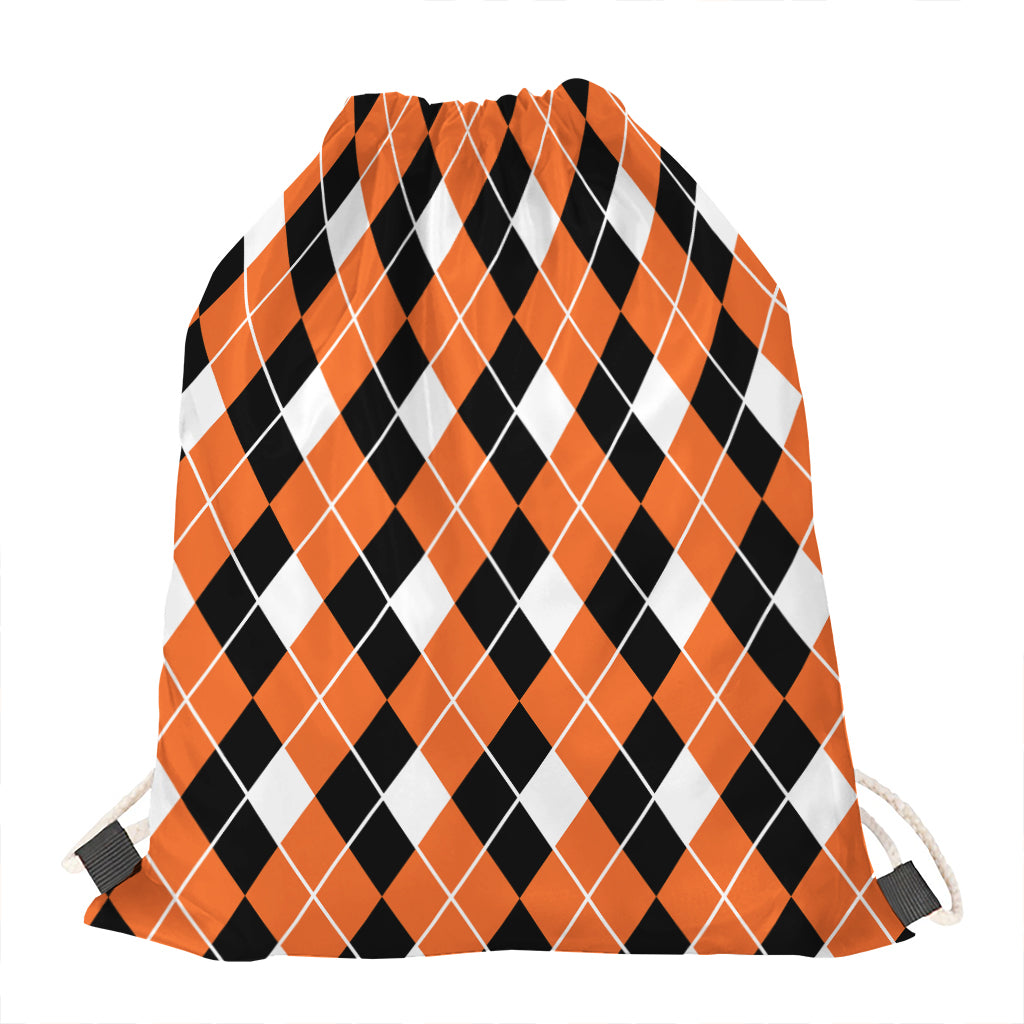 Orange White And Black Argyle Print Drawstring Bag