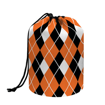 Orange White And Black Argyle Print Drawstring Makeup Bag