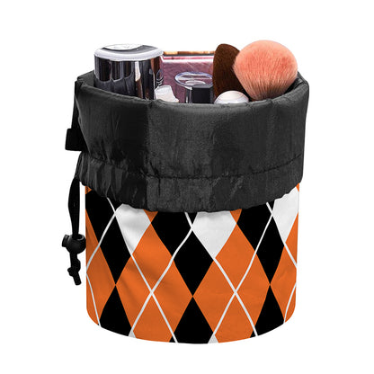 Orange White And Black Argyle Print Drawstring Makeup Bag