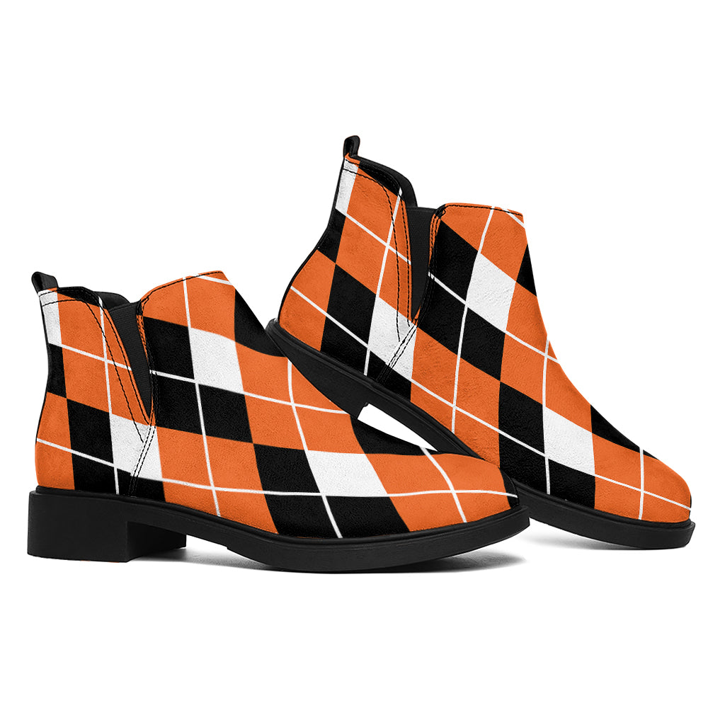 Orange White And Black Argyle Print Flat Ankle Boots