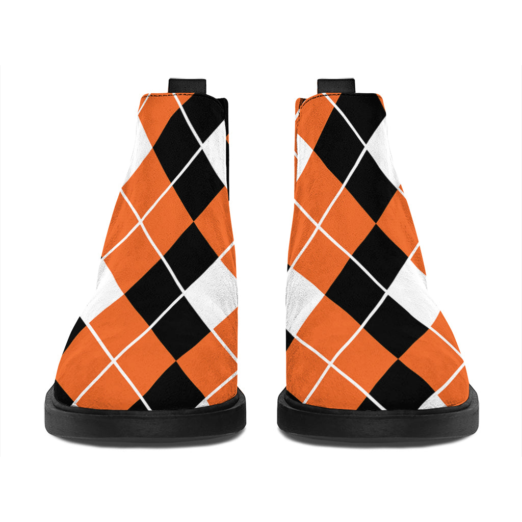 Orange White And Black Argyle Print Flat Ankle Boots