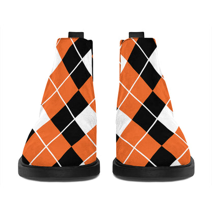 Orange White And Black Argyle Print Flat Ankle Boots