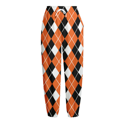 Orange White And Black Argyle Print Fleece Lined Knit Pants