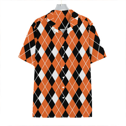 Orange White And Black Argyle Print Hawaiian Shirt