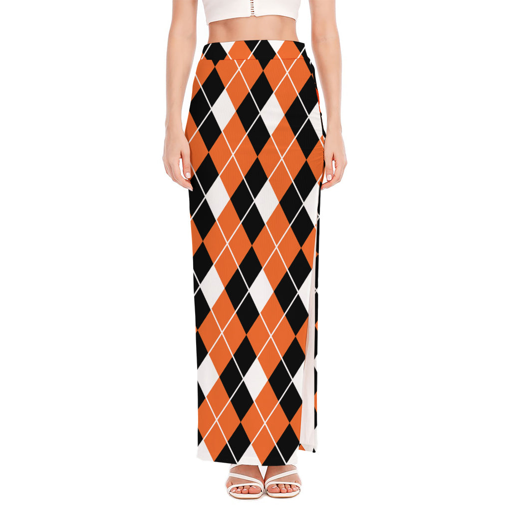 Orange White And Black Argyle Print High Slit Maxi Skirt