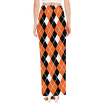 Orange White And Black Argyle Print High Slit Maxi Skirt