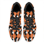 Orange White And Black Argyle Print High Top Leather Sneakers