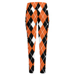 Orange White And Black Argyle Print High-Waisted Pocket Leggings