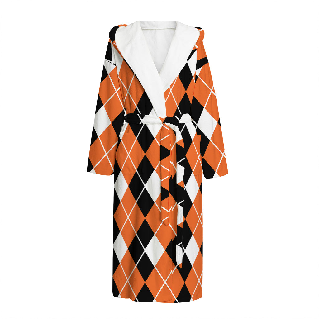 Orange White And Black Argyle Print Hooded Bathrobe
