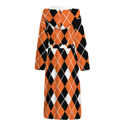 Orange White And Black Argyle Print Hooded Bathrobe