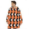 Orange White And Black Argyle Print Hoodie Blanket