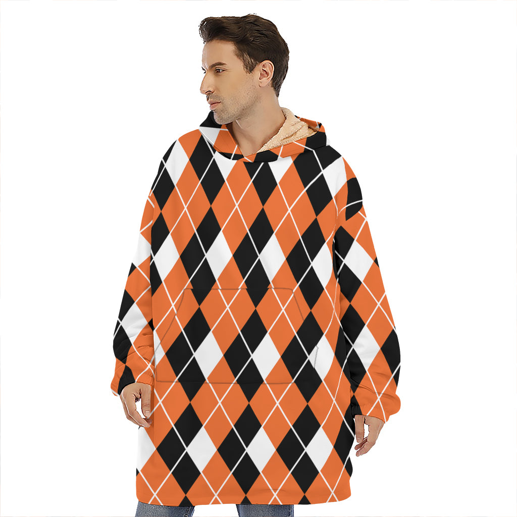 Orange White And Black Argyle Print Hoodie Blanket