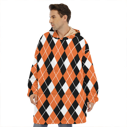 Orange White And Black Argyle Print Hoodie Blanket