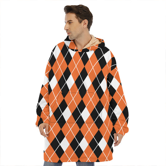 Orange White And Black Argyle Print Hoodie Blanket