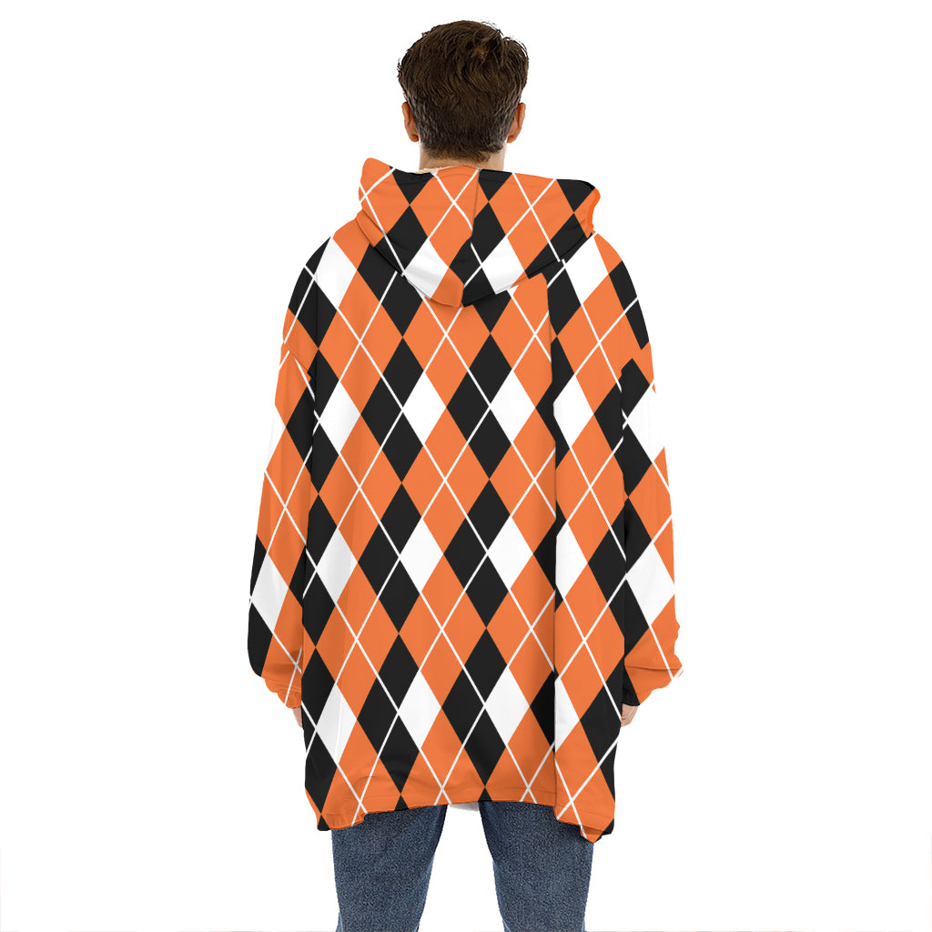 Orange White And Black Argyle Print Hoodie Blanket