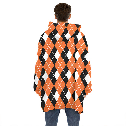 Orange White And Black Argyle Print Hoodie Blanket