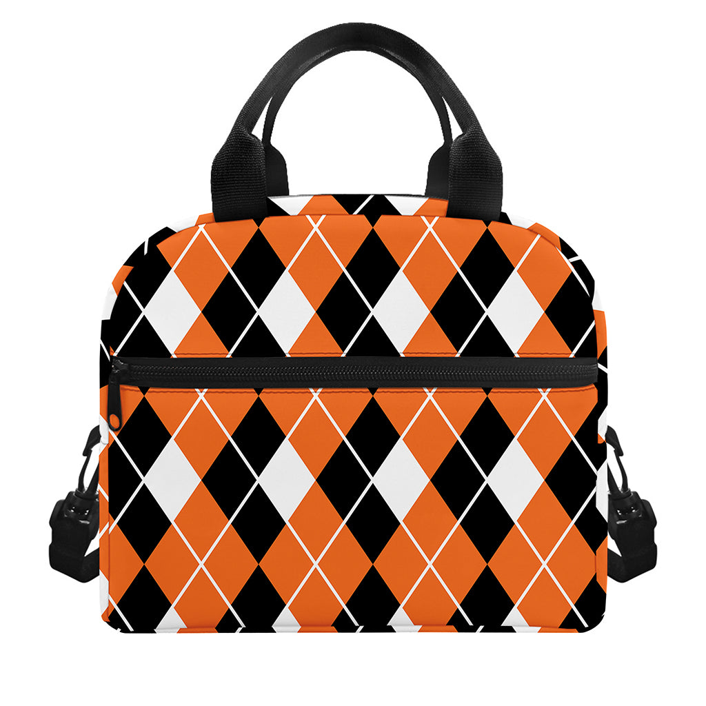 Orange White And Black Argyle Print Insulated Lunch Bag