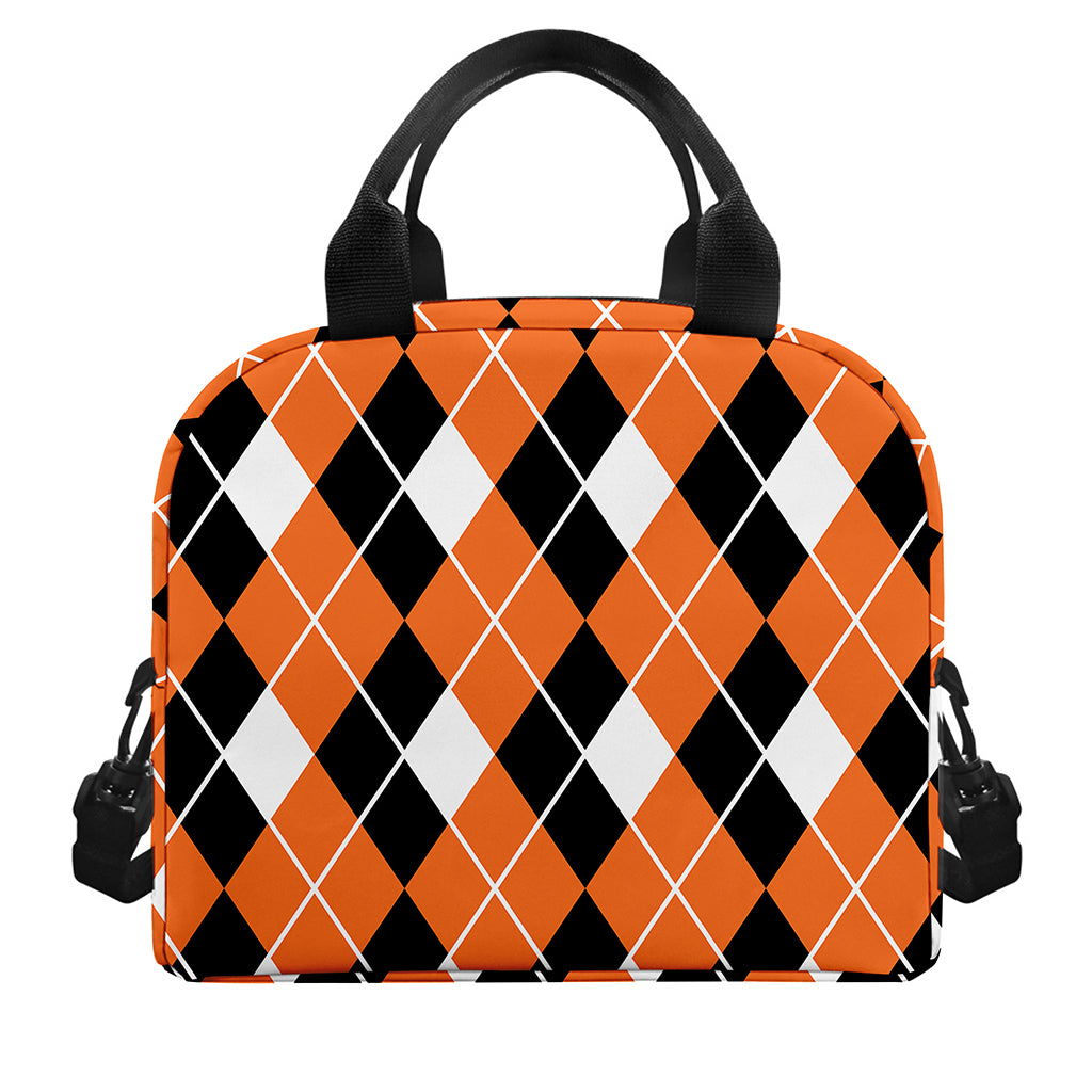 Orange White And Black Argyle Print Insulated Lunch Bag