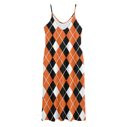 Orange White And Black Argyle Print Jersey Midi Cami Dress
