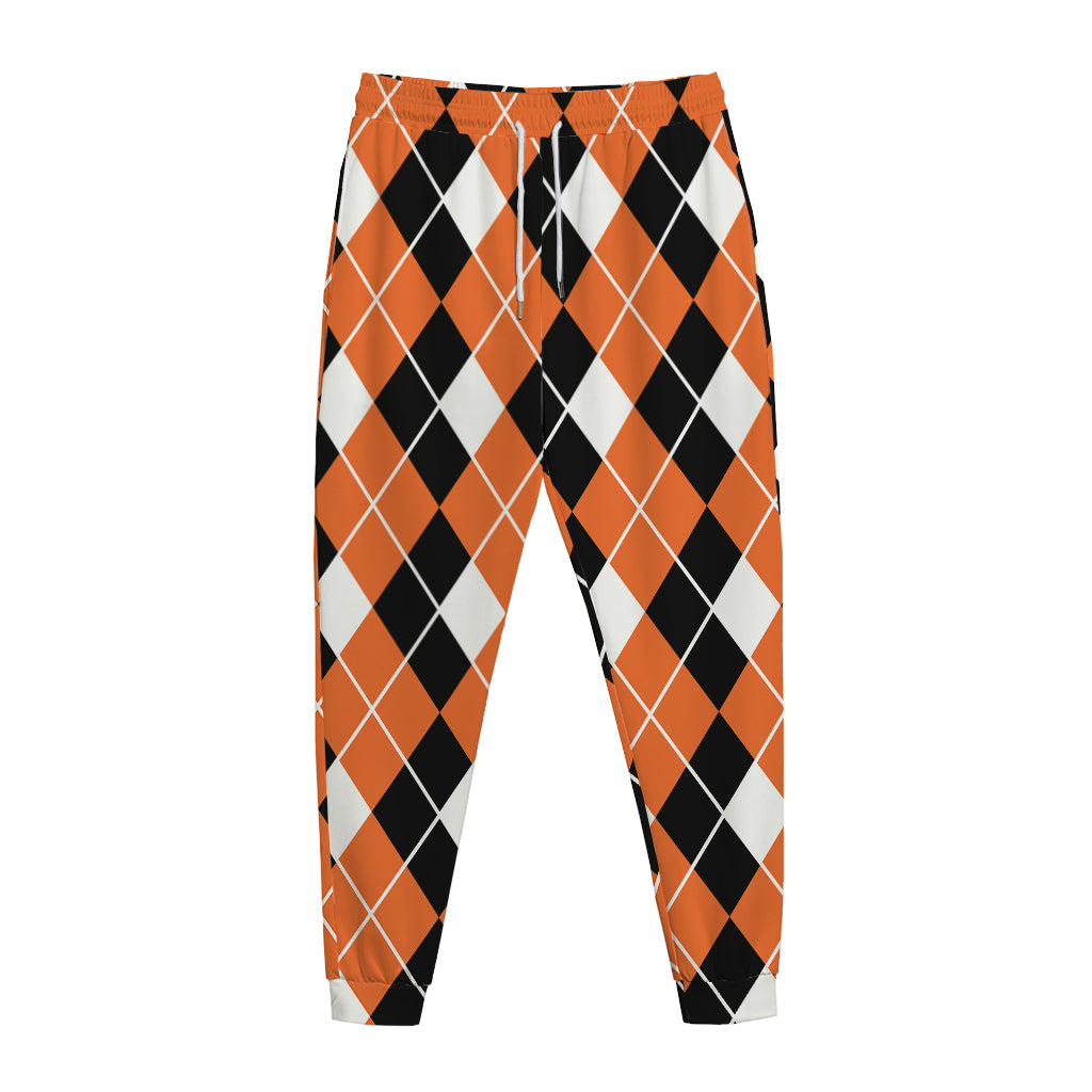 Orange White And Black Argyle Print Jogger Pants