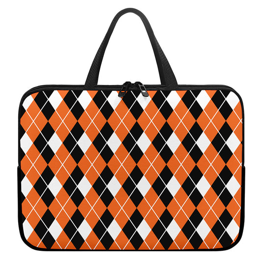 Orange White And Black Argyle Print Laptop Sleeve With Handle
