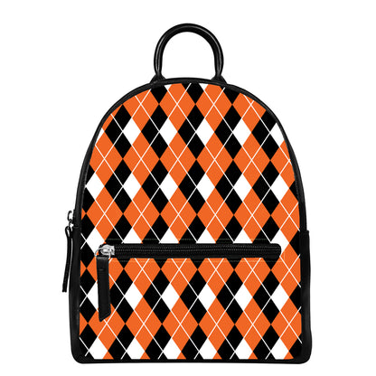 Orange White And Black Argyle Print Leather Backpack
