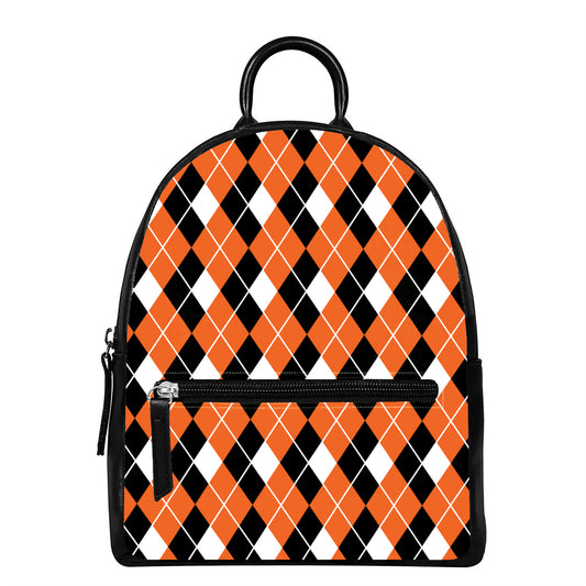 Orange White And Black Argyle Print Leather Backpack
