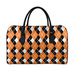 Orange White And Black Argyle Print Leather Duffle Bag