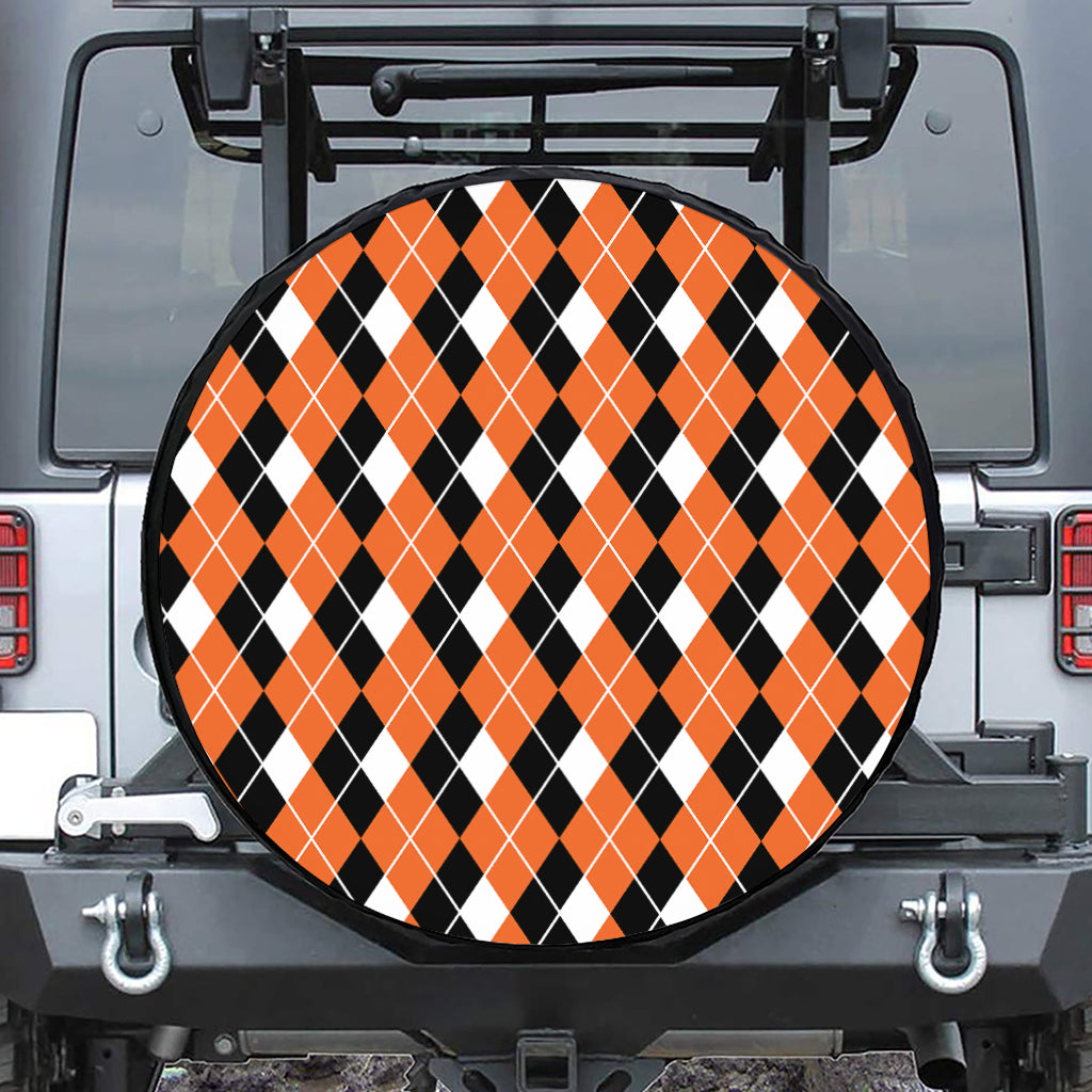 Orange White And Black Argyle Print Leather Spare Tire Cover