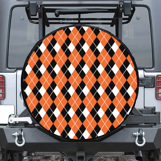 Orange White And Black Argyle Print Leather Spare Tire Cover
