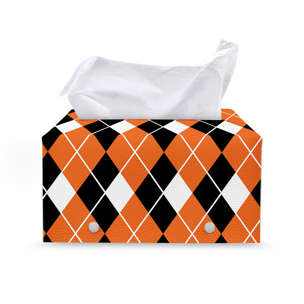 Orange White And Black Argyle Print Leather Tissue Box Cover