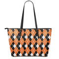Orange White And Black Argyle Print Leather Tote Bag With Zipper