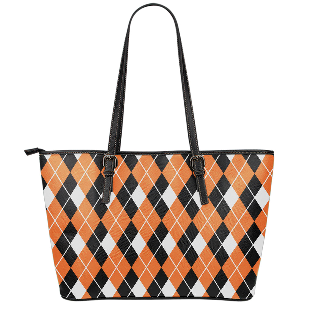Orange White And Black Argyle Print Leather Tote Bag