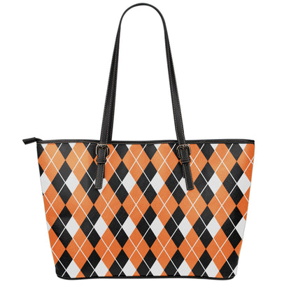 Orange White And Black Argyle Print Leather Tote Bag