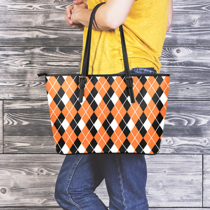 Orange White And Black Argyle Print Leather Tote Bag