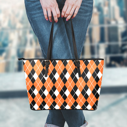 Orange White And Black Argyle Print Leather Tote Bag