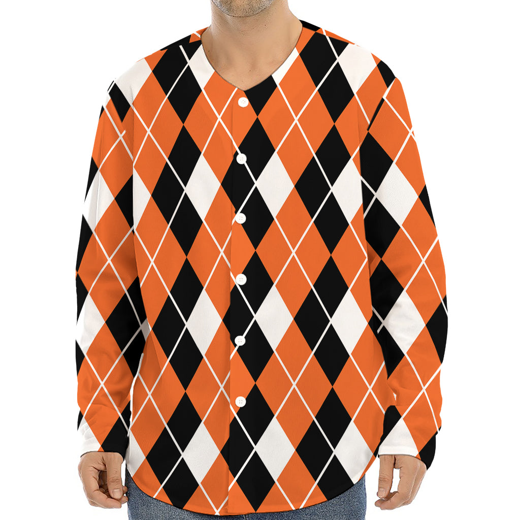 Orange White And Black Argyle Print Long Sleeve Baseball Jersey